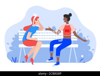 Children friend flat vector illustration. Cartoon young happy child girls meeting, cheerful best friends characters sitting on bench together and talking. Female childhood friendship isolated on white Stock Vector