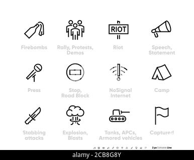 The big set thin linear icons necessary tools for riot, war, protest, revolution. Editable line vector. Group pictogram. Badges weapon, riot poster, p Stock Vector
