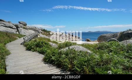 Wooden footpath along the coast in Galicia, Spain, Atlantic ocean, province of Pontevedra, Praia Abelleira, San Vicente do Grove