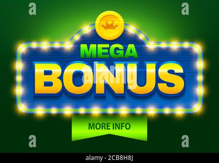 Retro sign with lamp Mega Bonus banner. Vector illustration design with poker, playing cards, slots and roulette. Stock Vector