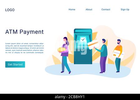 ATM payment landing page flat vector template. Money withdrawal, transfer, transaction website homepage concept. People holding debit cards and using automated teller machine web banner Stock Vector