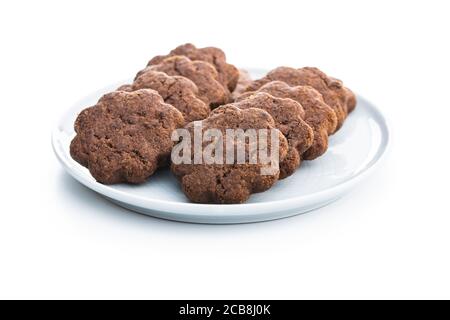 Sweet cookies. Crunchy chocolate biscuits shape flower isolated on white background. Stock Photo