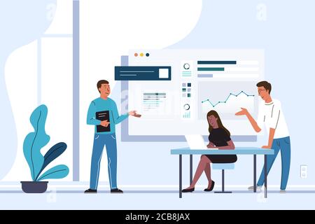 Group of multiracial coworkers analyzing data on board and using laptop while working on project in office together Stock Vector