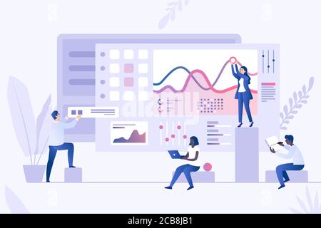 Data analysis concept vector template. Infographics, statistics, data visualization 3d concept. People analyzing charts and graphs, market research, web analytics Stock Vector