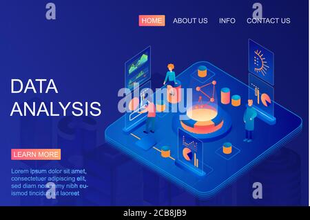 Isometric people working with graphs using data analysis. Web analytics and marketing metrics service. Big data, business and financial research. Database, data storage landing page Stock Vector