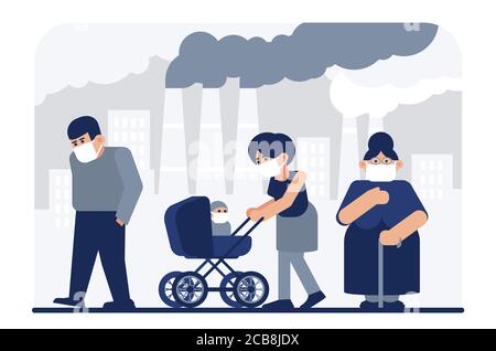 Air pollution flat vector illustration. Residents, sad mom with baby wearing protective medical masks cartoon characters. Factory pipes emitting smoke. Fine dust, industrial smog, pollutant gas Stock Vector