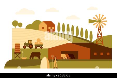 Farm flat vector illustration. Agriculture business color cartoon minimal drawing. Farmland fields, cattle in barn, tractor industrial machinery. Village, rural landscape. Farmer, windmill on horizon Stock Vector