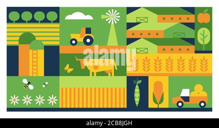 Farming industry flat vector background. Agriculture business color cartoon backdrop. Farmland fields, plants cultivation, industrial tractors machinery illustration. Meadows, cattle husbandry Stock Vector