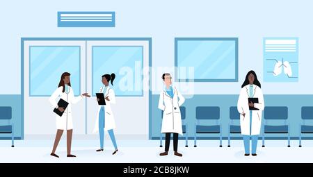 Diverse health doctors practitioners talking and standing in hallway while working in hospital vector illustration Stock Vector