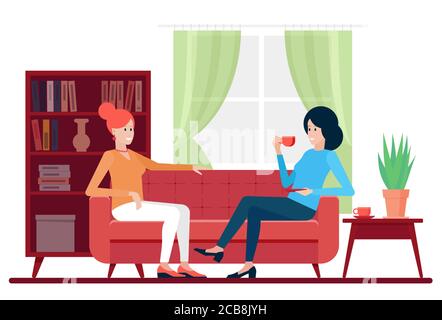 Female friends enjoying hot beverage and talking while relaxing on couch at home Stock Vector