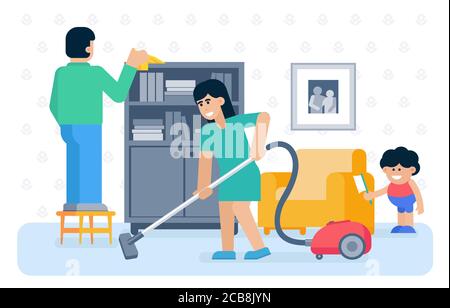 House cleaning flat vector illustration. Father, mother and kid cleaning home together cartoon characters. Housework, housekeeping. Vacuuming, dusting. Cleanup flooring, household dirt removal Stock Vector