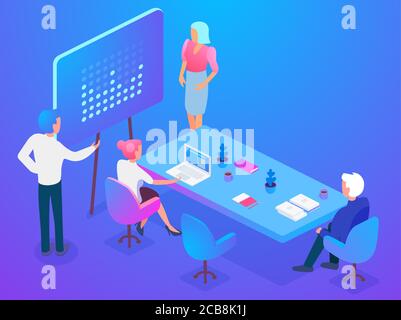 Isometric coworkers attending business presentation while working on project in office together Stock Vector