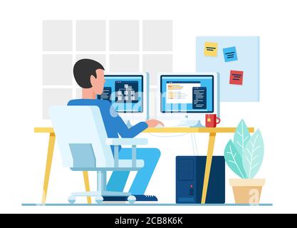 Male coder, male programmer using computers with two monitors while working on project in office vector illustration Stock Vector