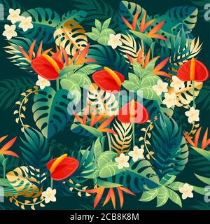 Seamless pattern of decorative bouquet flowers red anthurium floral element for garden or flower pot flat vector illustration on green background Stock Vector