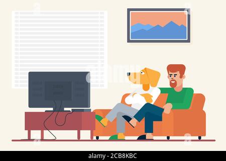 Bearded guy with antropomorphic dog buddy sitting on sofa and watching movie on TV at home vector illustration Stock Vector