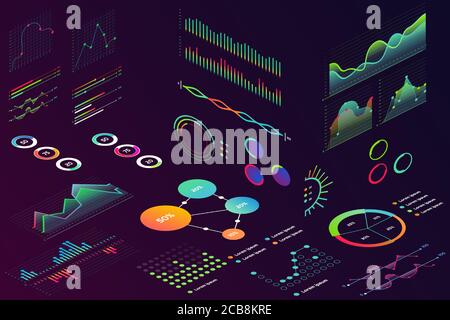 Isometric modern neon color style data finance graphic, business finance charts for infographic. Waves graph data, 2d and volumetric diagram statistics isolated. Stock Vector