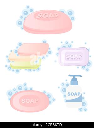 Set of colored bar soap solid and liquid soap with bubbles flat vector illustration isolated on white background Stock Vector