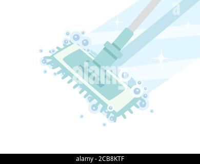 Cleaning home plastic mop wipe on floor with chemical water and bubbles flat vector illustration on white background Stock Vector
