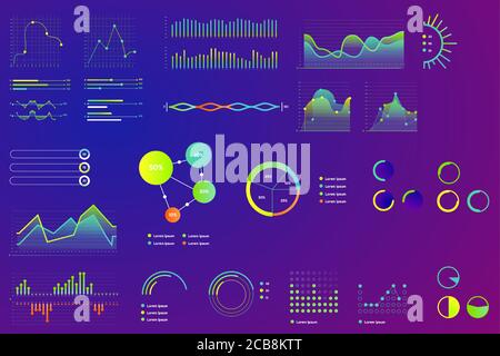 Modern neon color style data finance graphic dashboard, business finance charts for infographic. Waves graph data, 2d and volumetric diagram statistics isolated Stock Vector