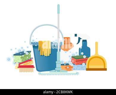 Bucket with foam sponges and chemical bottles cleaning tools households equipment flat vector illustration on white background Stock Vector