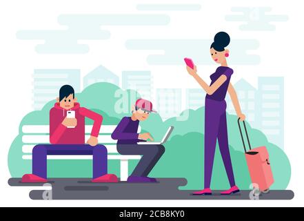 Technology addicted people browsing digital devices while spending time in city park vector illustration Stock Vector