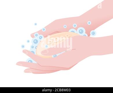 Illustration of person washing hands with soap bar water and bubbles healthcare hygiene procedure flat vector on white background Stock Vector