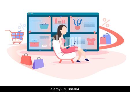 Online shopping flat vector illustration. Buyer using laptop, purchasing products in Internet stores isolated clipart on white background. Woman searching sales and discounts online cartoon character Stock Vector