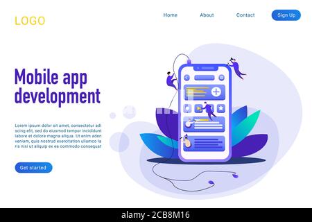 Mobile app development landing page isometric vector template. Phone application build 3d concept. Coding and programming. Smartphone webpage interface building process website homepage layout Stock Vector