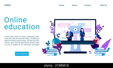 Online education landing page isometric vector template. E-learning, video tutorial. Webinar, lecture 3d concept illustration. Online courses, classes and interactive training website homepage layout Stock Vector