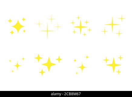 Yellow stars icons set. Golden glowing fireworks symbols collection. Bright stars twinkle vector isolated illustrations Stock Vector