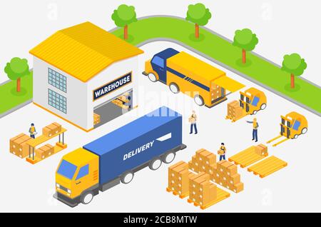 Isometric employees putting boxes into trucks of delivery service while working in warehouse. Transportation industry, delivery and logistic vector illustration Stock Vector