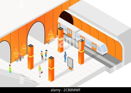 Isometric people standing on platform and waiting for train in city metro subway vector illustration
