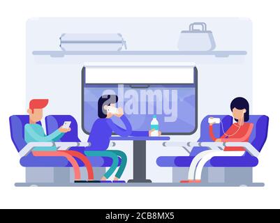 Traveling by train flat vector illustration. Travelers cartoon characters sitting in public transport talking on phone, listening music. Passengers in speed train seats minimal drawing Stock Vector