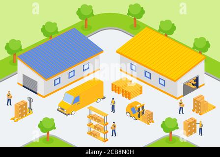Isometric workers loading and unloading vehicles in yard of warehouse company Stock Vector