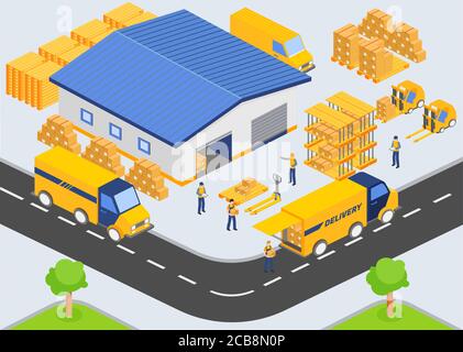 Isometric warehouse company. Loading and unloading process from warehouse. Storage building, trucks, people workers, transportation industry, delivery and logistic vector illustration Stock Vector