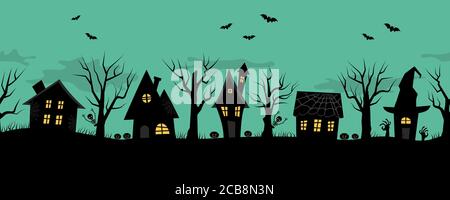 Halloween houses. Creepy village. Seamless border. Black silhouettes of houses and trees on a green background. There are also bats, pumpkins here Stock Vector