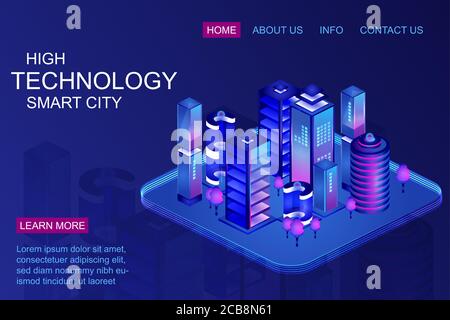 Smart city with business center skyscrapers. isometric illustration. Intelligent smart buildings. Computer blockchain network model. Internet of things concept vector illustration. Stock Vector