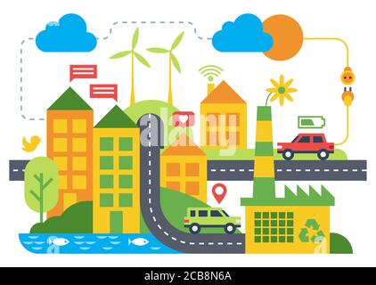 Smart city flat vector illustration. Apartment buildings, townhouses, eco cars on streets isolated clipart on white background. Futuristic town minimal cartoon Internet map design element Stock Vector