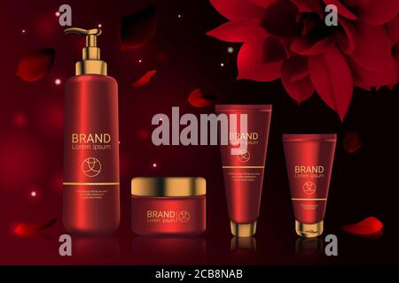Red cosmetics bottles with logo package mockup. Skincare products on dark red background with flowers. Advertisement mock up. Brand identity banner template. Vector ad with realistic illustrations Stock Vector