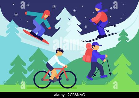 Seasonal sport activities flat vector illustration. Sportsman skiing, biking, hiking, snowboarding cartoon character. Winter, summer sports. Outdoor recreation, training. Hobby and active lifestyle. Stock Vector