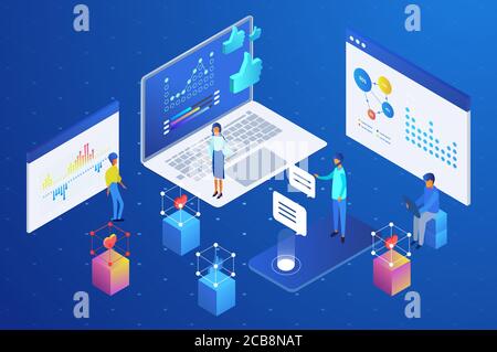Isometric people analyzing and using data from social media and networks vector illustration Stock Vector