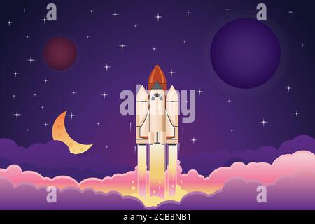 Modern space rocket flying up over clouds against night sky with planets and stars cartoon vectro illustration Stock Vector