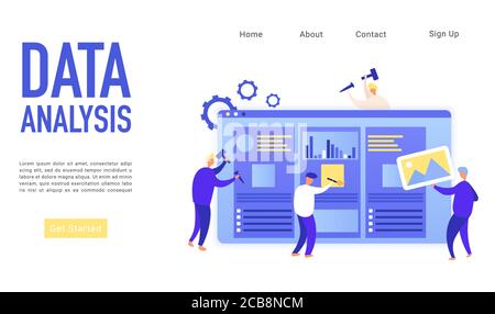 Data analysis landing page isometric vector template. Business problems solving, financial research. Web analytics. Database, data storage. Digital marketing strategy website homepage layout Stock Vector
