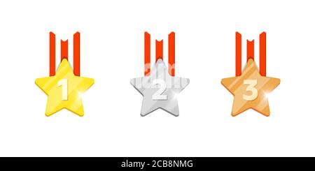 Gold silver bronze medal star reward set with first second third place number for computer video game or mobile apps animation. Winner trophy bonus achievement award icons flat eps vector illustration Stock Vector