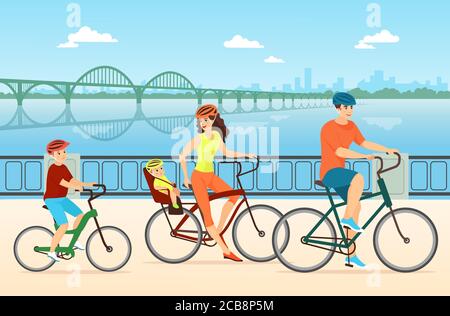 Happy family cycling flat vector illustration. Couple with children, mother, father and kids cartoon characters. People riding bicycles together. Active outdoor recreation, bonding, healthy lifestyle Stock Vector