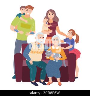 Family with children sitting on couch. Big family portrait. Vector people. Mother and father with babies, kids and grandparents vector illustration Stock Vector