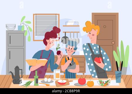 Family cooking, people in kitchen vector illustration. Parents and son preparing dinner together, mother and father teaching child to cook food flat characters. Holiday, recreation, family leisure Stock Vector