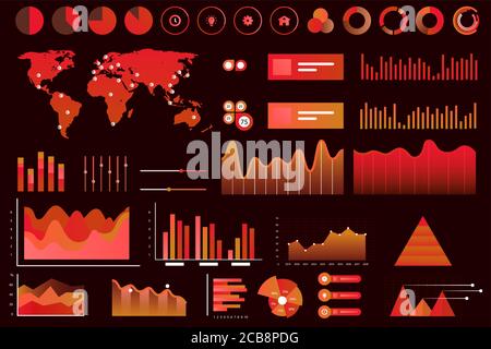 Data screen of assorted vector graphs, charts, diagrams. Red neon color futuristic ui infographics on dark background. High technology panel, interactive data graph vector illustration Stock Vector