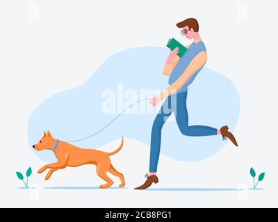 Man walking dog cartoon vector illustration. Male character spending time with his pet and reading book. Guy enjoying fresh air with ginger staffordshire terrier on leash in flat style Stock Vector