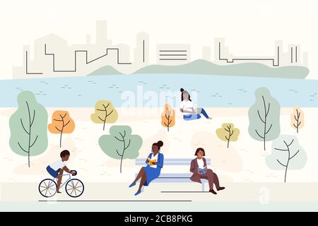 Outdoor people public park activities. Happy men, women and child cycling, resting and book reading. Smiling people rest in park, fresh air recreation vector illustration Stock Vector